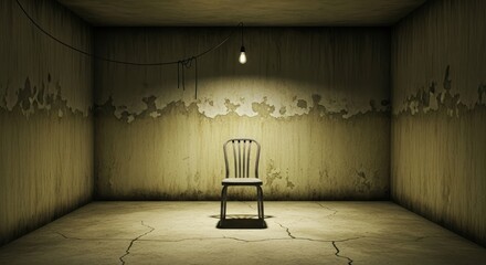A solitary chair in a dimly lit, worn-out room with peeling paint and a hanging light bulb.