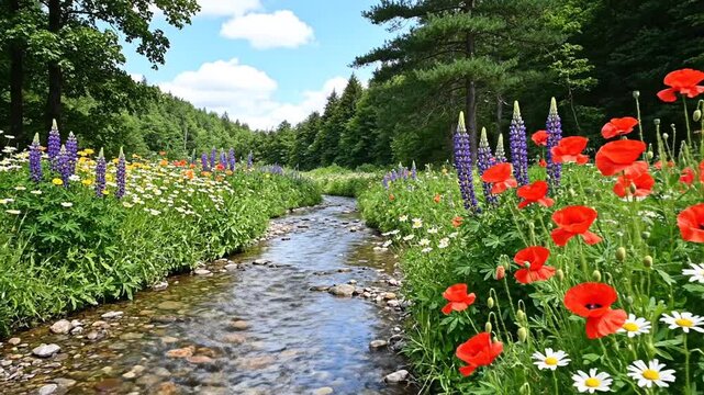 Sunlit stream winds through a flower-filled meadow; tall trees, red poppies, purple lupines. at noon