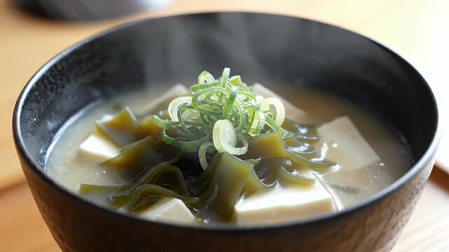 A steaming bowl of miso soup with tofu and seaweed
