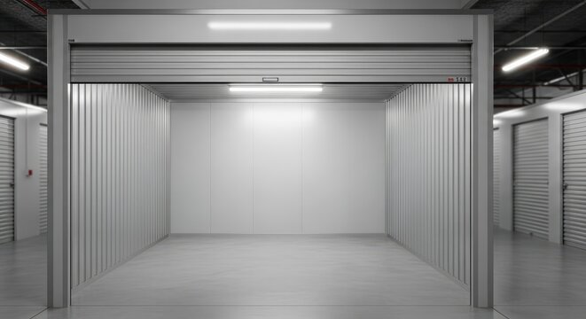 Empty storage unit with a white door.