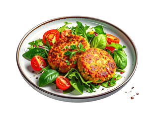 Two golden veggie burgers with fresh salad on a modern plate, isolated on white