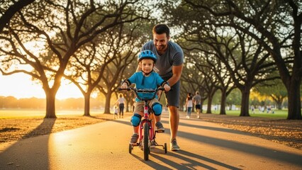 Fototapeta premium A man assisting a young child riding a bicycle on a tree-lined path during sunset with warm tones.