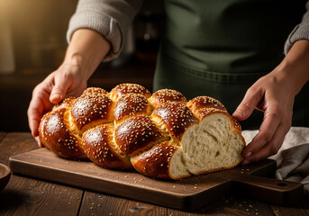 Baker presenting warm, freshly baked challah bread with sesame seeds on a wooden board