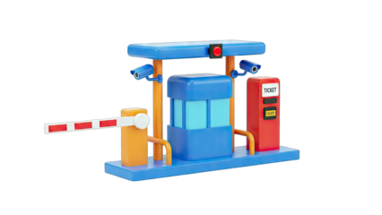 Cartoon Parking Barrier with Ticket Machine and Security Cameras