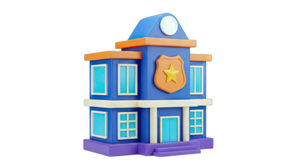 Cartoon Police Station Building on White Background