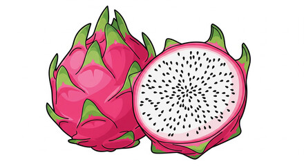 Vibrant Dragon Fruit Illustration: Whole Pitaya and Sliced Half with White Flesh and Black Seeds on Isolated White Background