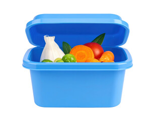 Fresh vegetables in a blue plastic container, isolated on white background