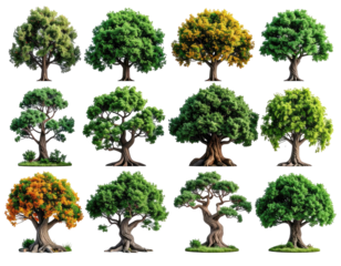 Twelve diverse trees, showcasing varying foliage and trunk styles