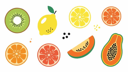 Collection of Fresh Tropical Fruits Sliced and Whole.