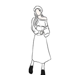Minimalist Line Art Illustration of a Stylish Woman in Beret and Midi Dress
 
