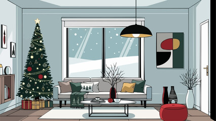 Cozy Living Room with Christmas Tree and Snowfall View.