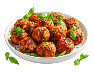 Appetizing meatballs with fresh basil leaves on a white plate, isolated