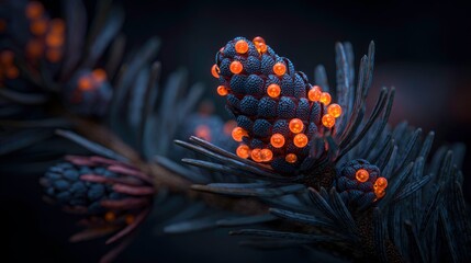 Close-up of pinecone with orange dots on dark foliage.