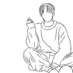 Minimalist Line Art Illustration of Man in Oversized Sweatshirt and Pants, Sitting Pose
 
