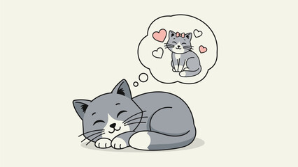 A serene flat design illustration featuring a cute cartoon cat peacefully sleeping, with dream bubbles full of hearts, symbolizing sweet dreams of love. 
