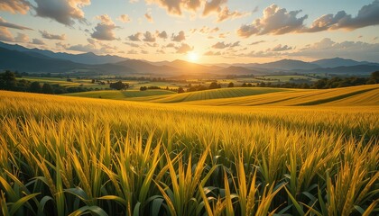 Golden wheat field at sunset with mountains in background