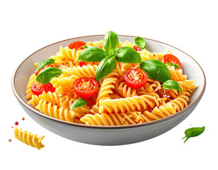 Delicious pasta dish with fresh basil, tomatoes, and parmesan cheese in a bowl