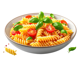 Delicious pasta dish with fresh basil, tomatoes, and parmesan cheese in a bowl