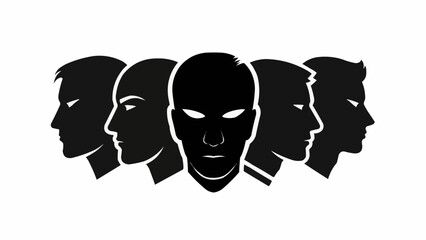 Multiple faces in silhouette with a central figure highlighted.