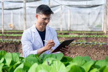 Glasses asian agricultural scientist man writing in tablet sitting observing greenhouse farm's plant