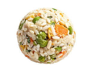 Frozen vegetable mix sphere with peas, carrots, and rice on white background
