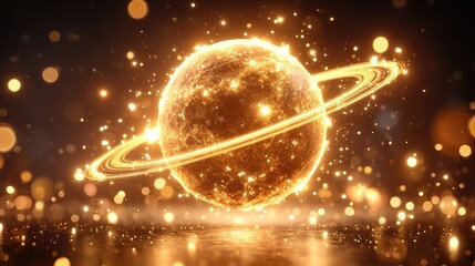 Glowing Planet with Rings and Sparkling Particles.