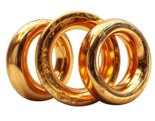 Gleaming golden rings, close-up, overlapping, against a black backdrop