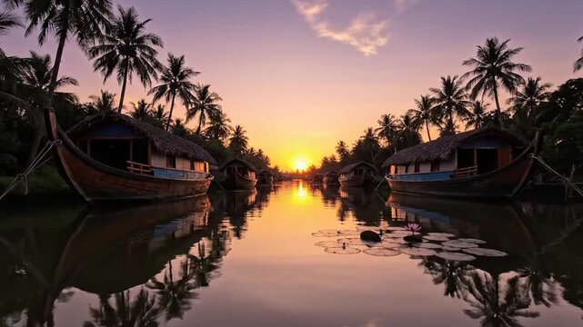Sunset over tranquil backwaters with palm-fringed banks, calm water reflecting vibrant skies. Dusk!!