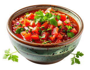 Rustic bowl filled with vibrant tomato salsa and fresh cilantro sprigs against a white backdrop
