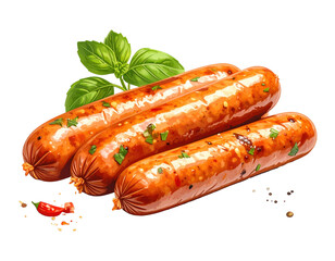 Three grilled sausages with basil leaves and chili pepper on a white background
