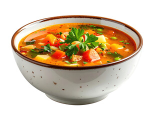 Hearty vegetable soup in speckled bowl, garnished with fresh parsley, isolated on white