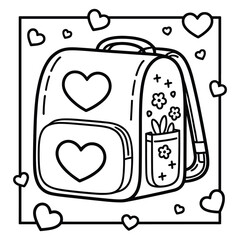 Black and white line art of a backpack with hearts and flowers school bag love