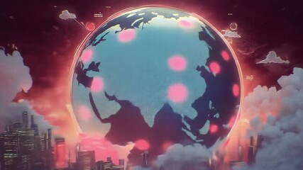 Animated globe with connections and city silhouette against a red sky background - Powered by Adobe