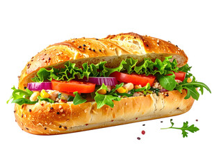 Deliciously fresh sandwich with vibrant vegetables and seeded crust on white background