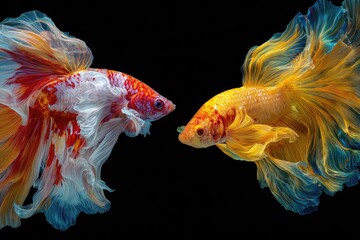 Two colorful betta fish in dynamic pose against black