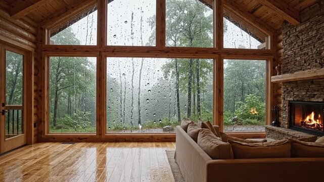 Cozy wooden cabin living room framed by a wall of glass, rain-streaked trees outside, warm fireplace