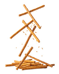 Crunchy pretzel stick snack falling in motion with salt grain splash on transparency background, tasty food concept