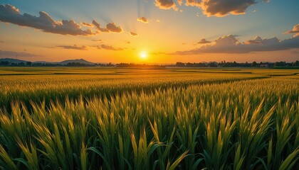 Golden sunset over a lush green field with mountains
