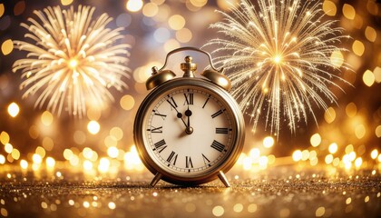 Vintage alarm clock stands alone amidst fireworks and golden bokeh lights on New Year's Eve celebration night