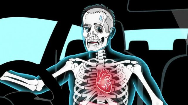 heart attack of a driver in cartoon style showing distressed skeleton and glowing heart