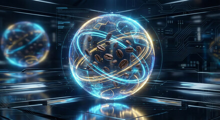 Futuristic Holographic Globe with Floating Coffee Beans and Digital Network Lines