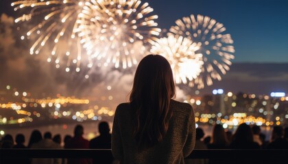 A lone figure watches vibrant fireworks display on a tranquil night over a cityscape from an elevated viewpoint