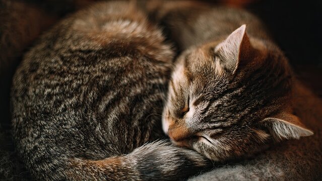 A cute domestic tabby cat with green eyes and long whiskers lies on a grey carpet for a close up portrait of its fuzzy feline face