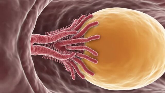 Microscopic view of Fallopian tube fimbriae interacting with an ovum.