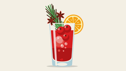 Illustration of a festive holiday cocktail with cranberries, orange slice, and evergreen sprig in a tall glass on a neutral background, conveying a happy new years mood.