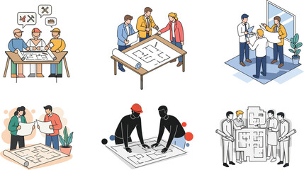 Architect team planning blueprints and floor plan design, construction engineers collaboration, project meeting and architecture concept, vector illustration set