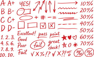 Grade mark. Hand drawn red marker doodle school grading marks, handwritten teacher exam test rating, English grades red line art vector design art and illustration 