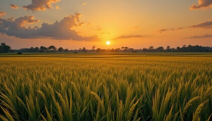 Golden wheat field at serene sunset with cloudy sky