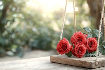 Beautiful Red Roses Hanging on a Wooden Swing Surrounded by Lush Green Nature