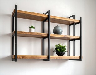 Modern wooden shelf with three tiers and decorative plants